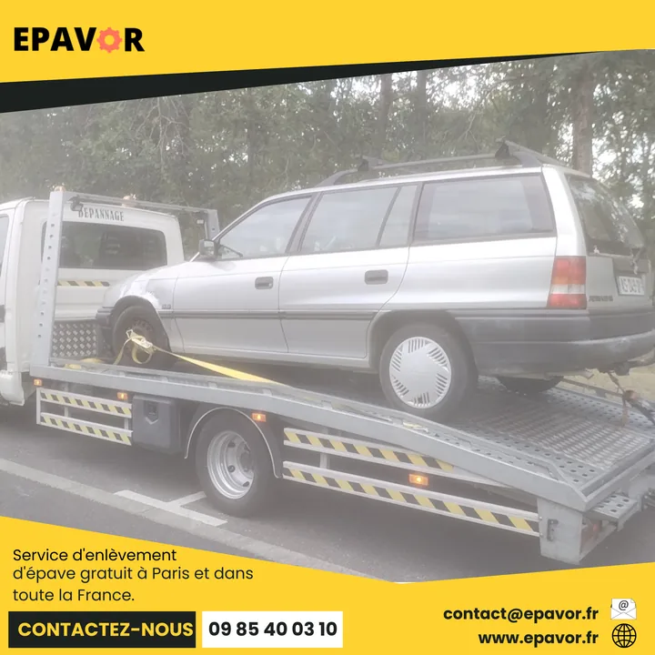 Visuel promotionnel jaune Epavor montrant une voiture grise sur un plateau.