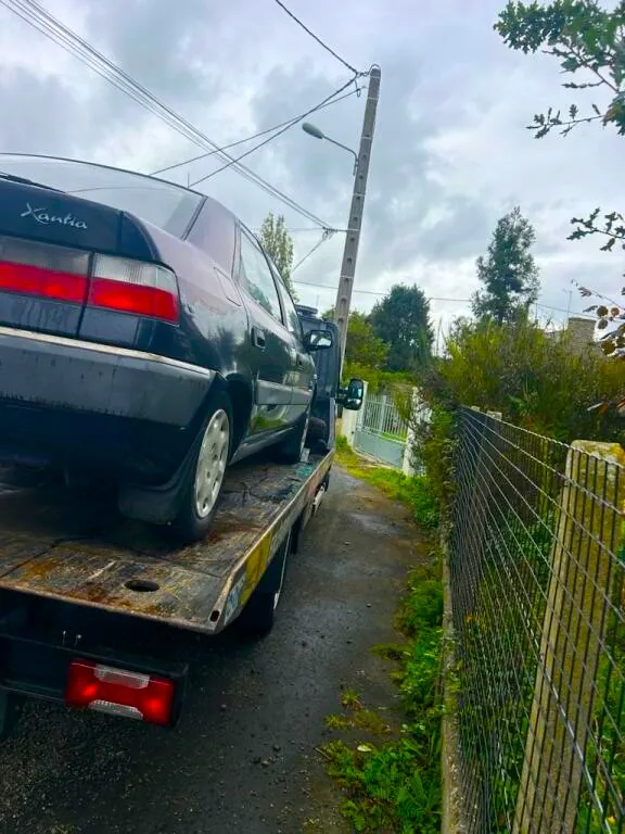 Arrière d’une voiture sombre sur un plateau près d’une clôture métallique.
