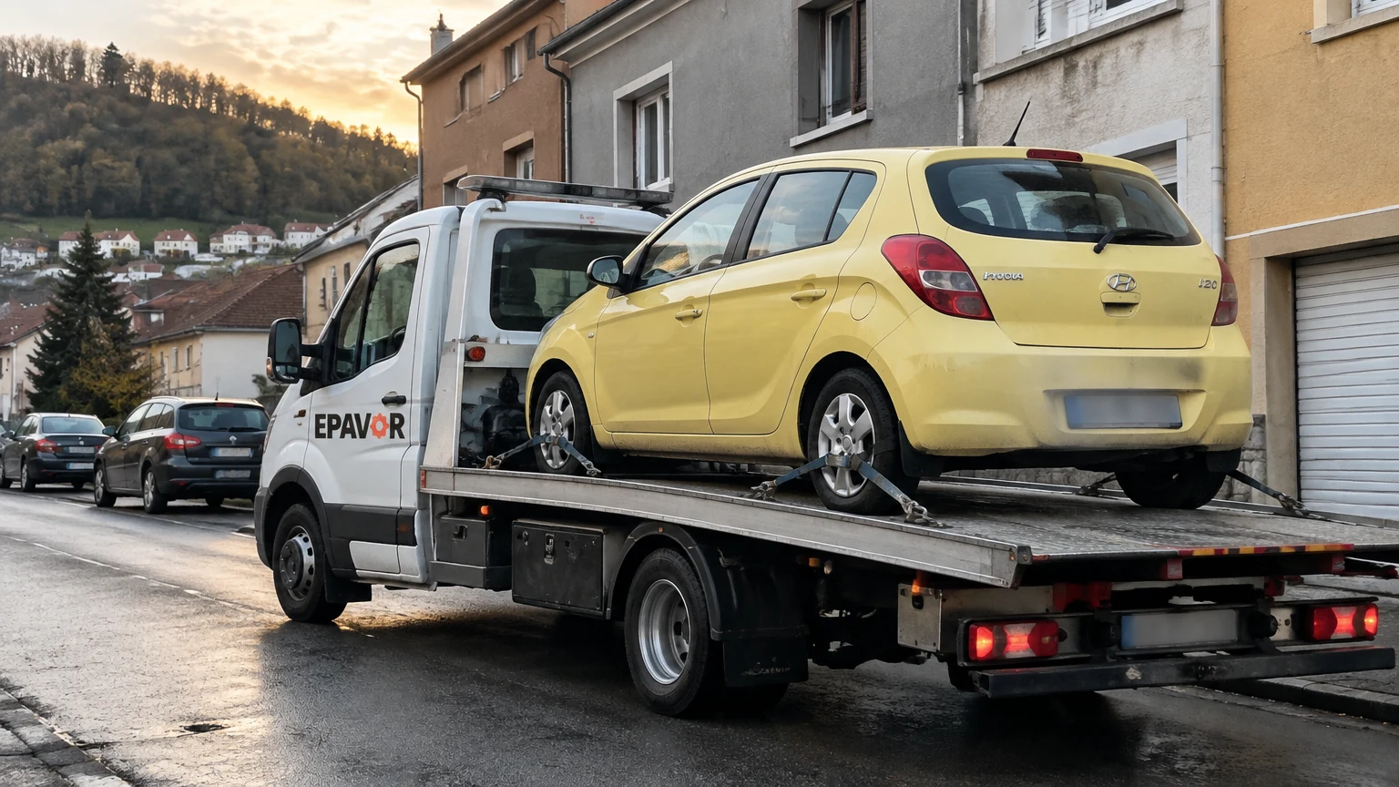 Illustration d’un enlèvement d’épave à Algrange avec une dépanneuse — service d’épaviste.