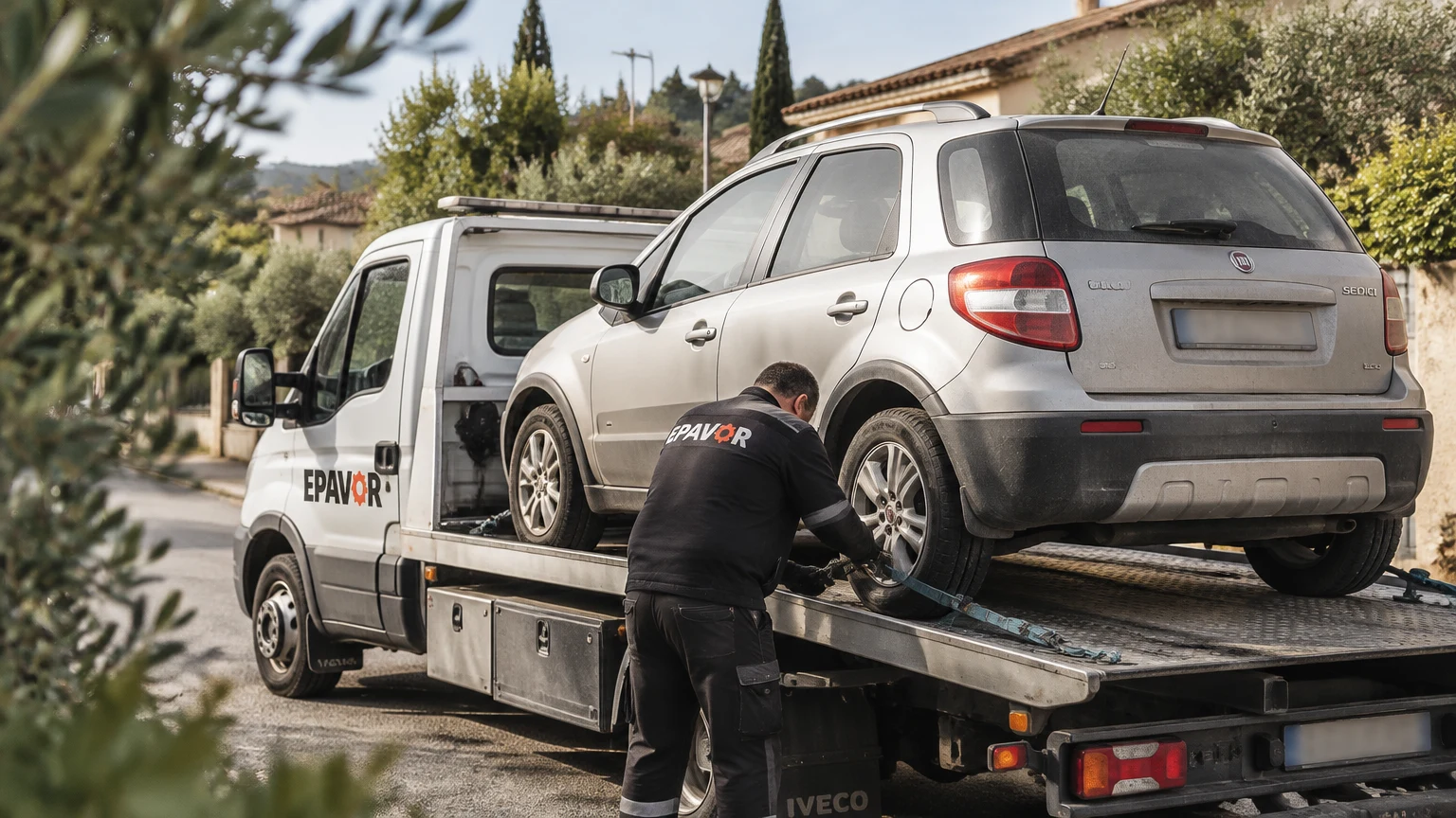Illustration d’un enlèvement d’épave à Alleins avec une dépanneuse — service d’épaviste.