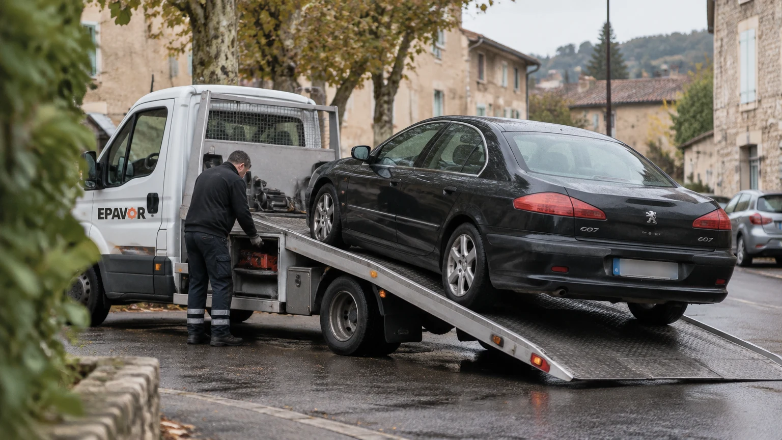 Illustration d’un enlèvement d’épave à Allex avec une dépanneuse — service d’épaviste.