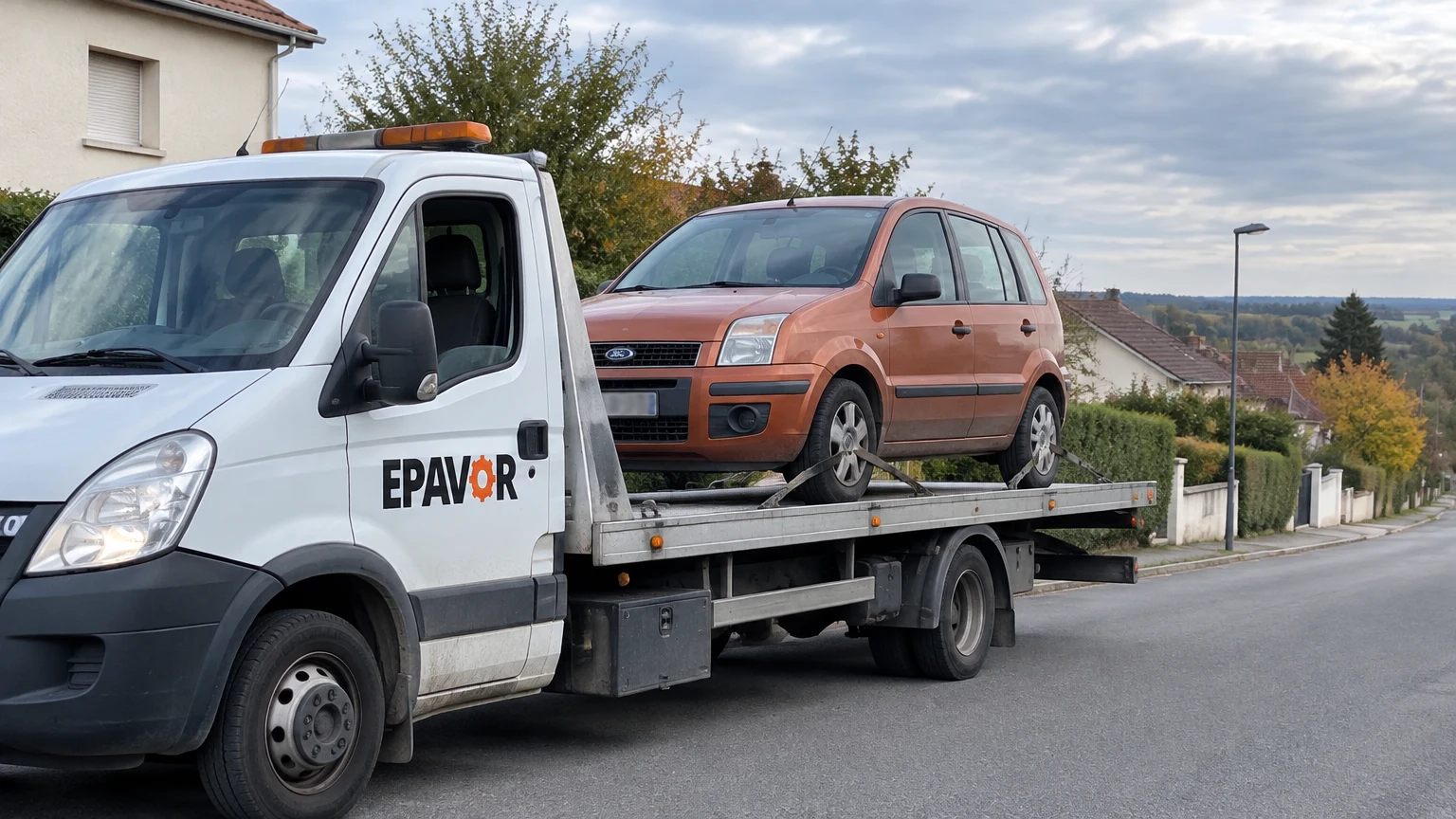Illustration d’un enlèvement d’épave à Alsting avec une dépanneuse — service d’épaviste.