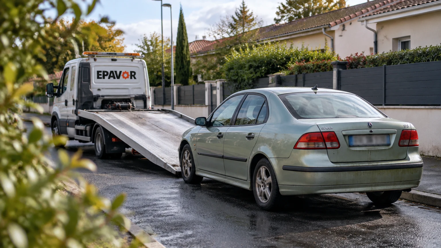 Illustration d’un enlèvement d’épave à Ambarès-et-Lagrave avec une dépanneuse — service d’épaviste.