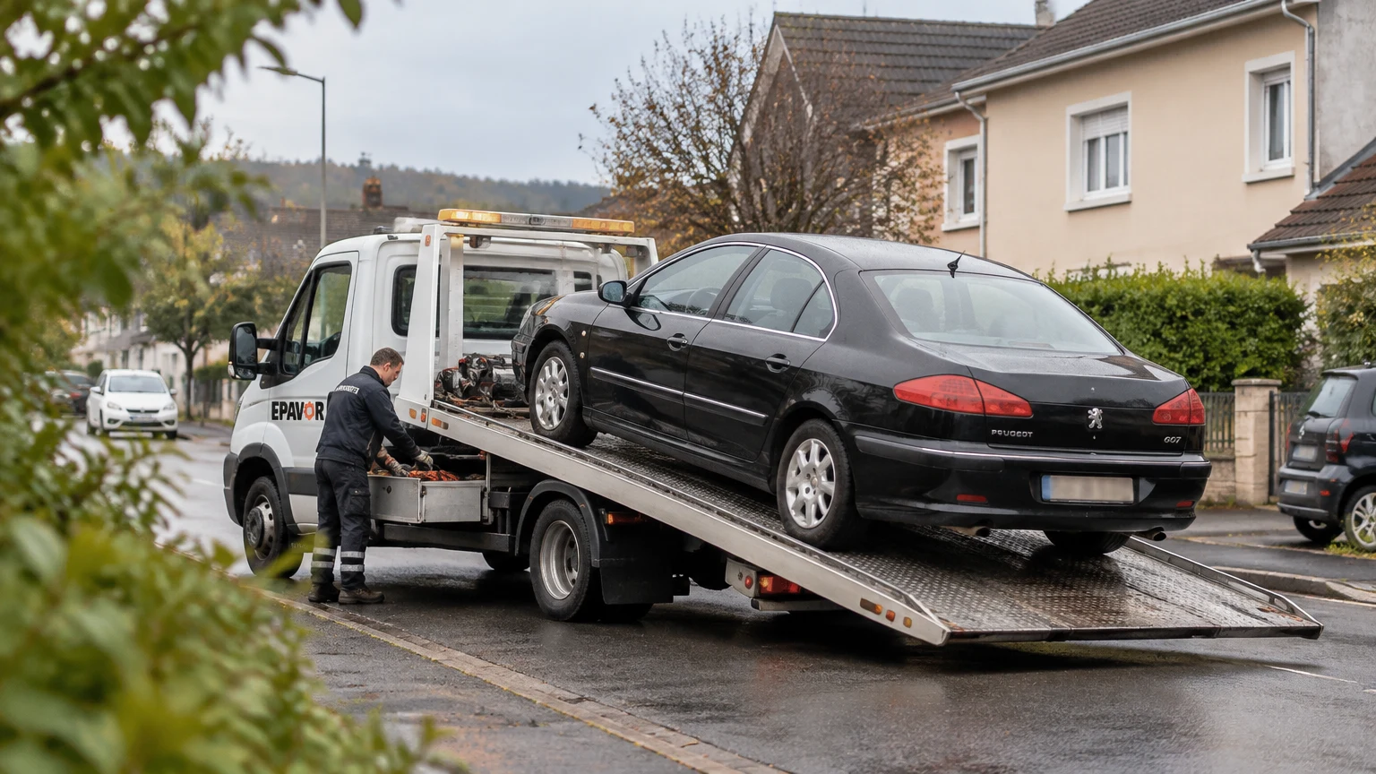 Illustration d’un enlèvement d’épave à Amnéville avec une dépanneuse — service d’épaviste.