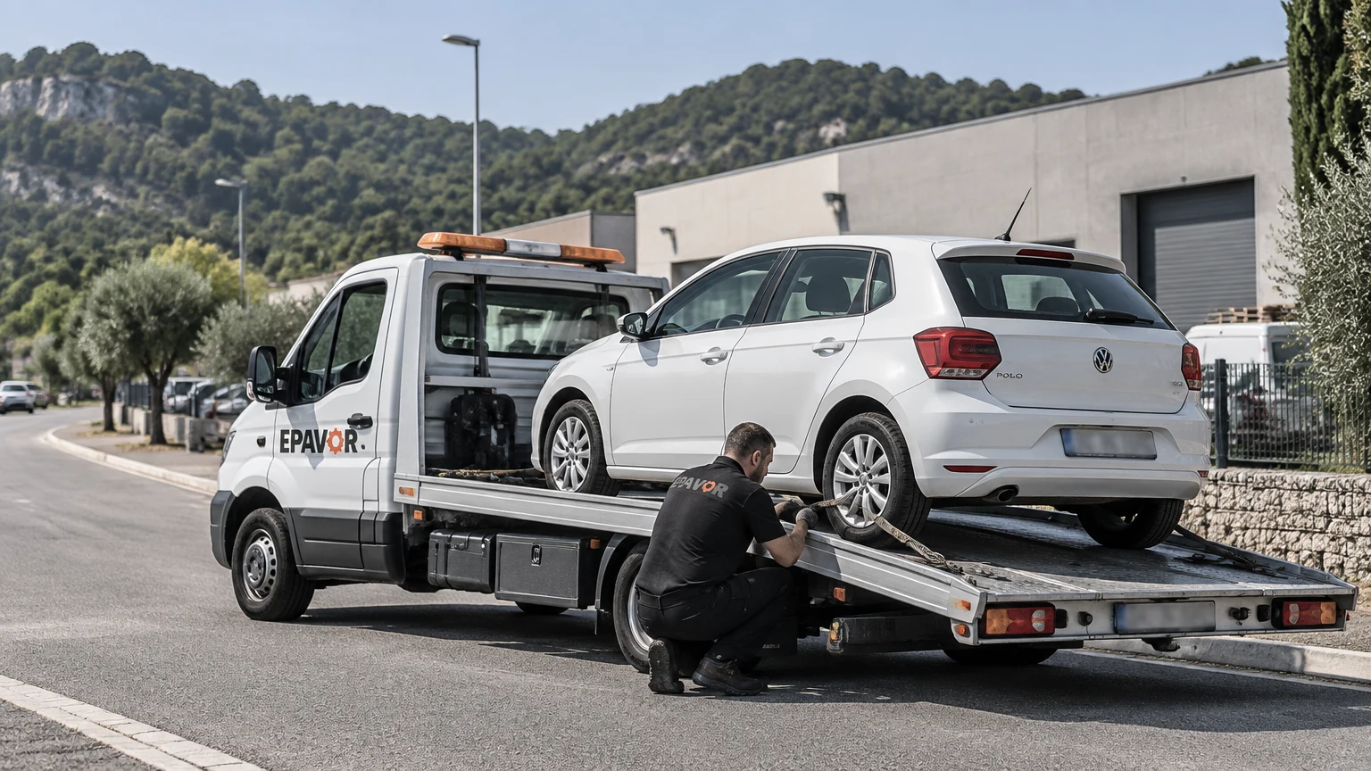 Illustration d’un enlèvement d’épave à Anduze avec une dépanneuse — service d’épaviste.