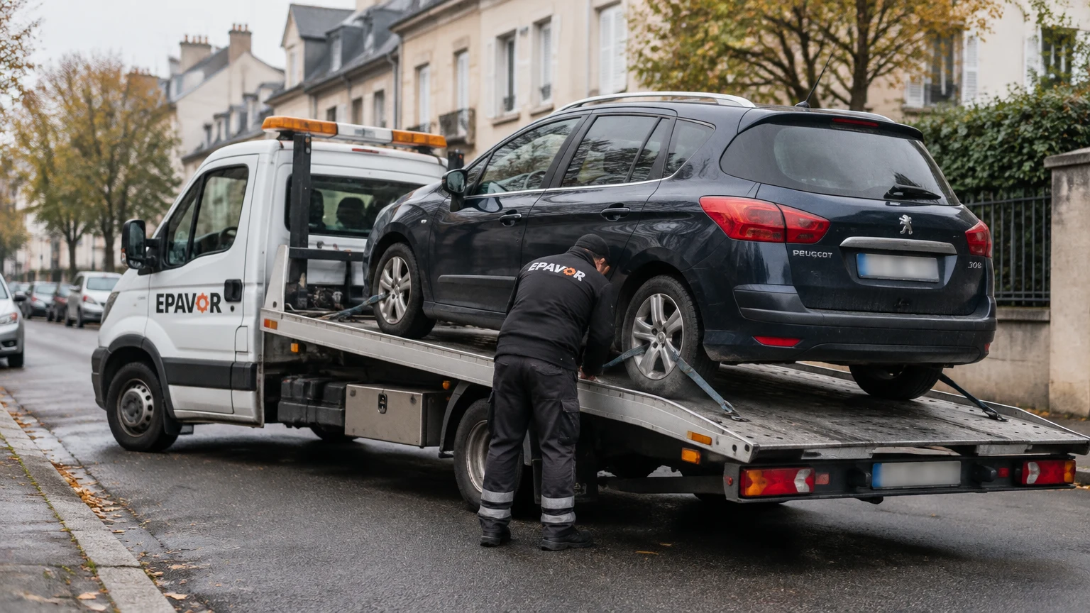 Illustration d’un enlèvement d’épave à Angers avec une dépanneuse — service d’épaviste.