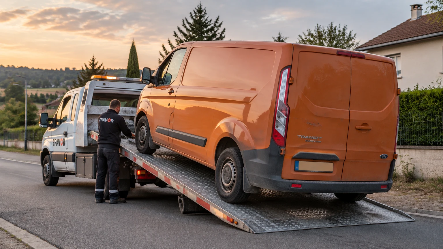 Illustration d’un enlèvement d’épave à Anneyron avec une dépanneuse — service d’épaviste.