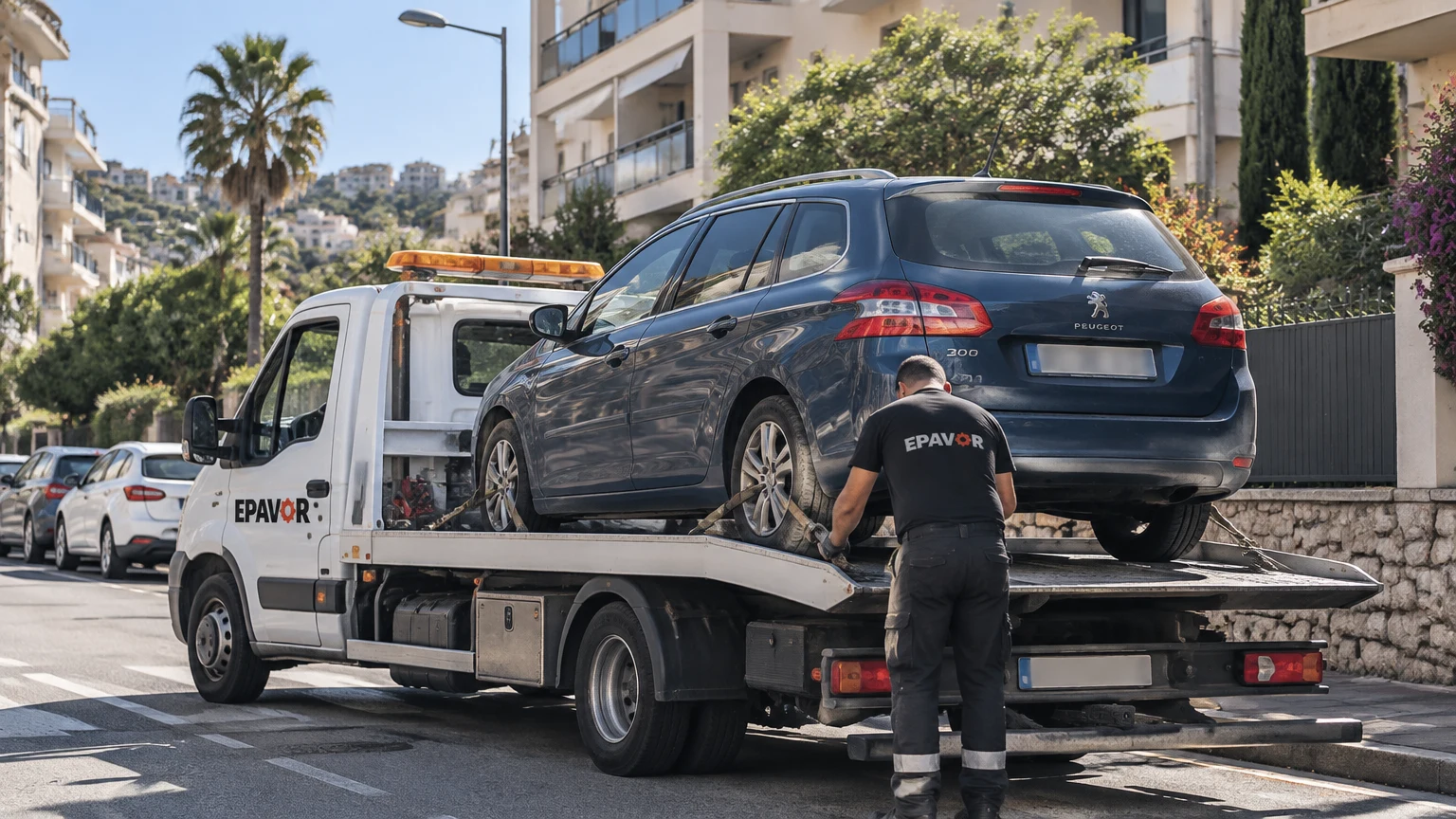 Illustration d’un enlèvement d’épave à Antibes avec une dépanneuse — service d’épaviste.