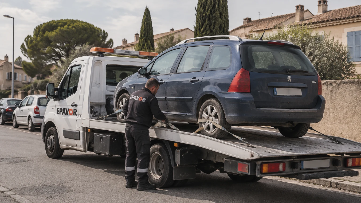 Illustration d’un enlèvement d’épave à Arles avec une dépanneuse — service d’épaviste.