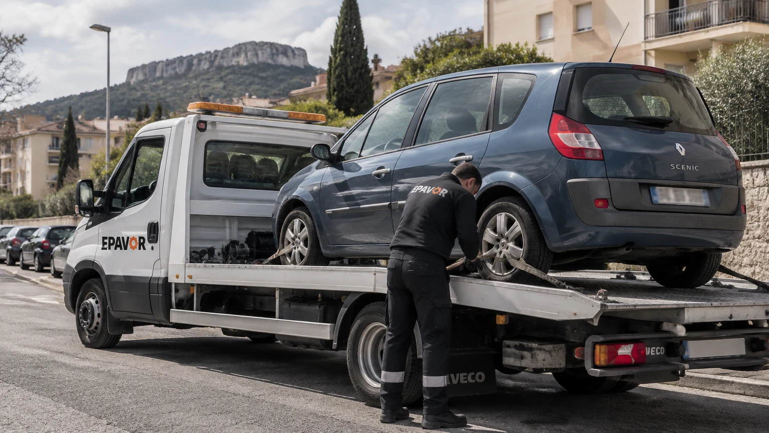 Illustration d’un enlèvement d’épave à Aubagne avec une dépanneuse — service d’épaviste.