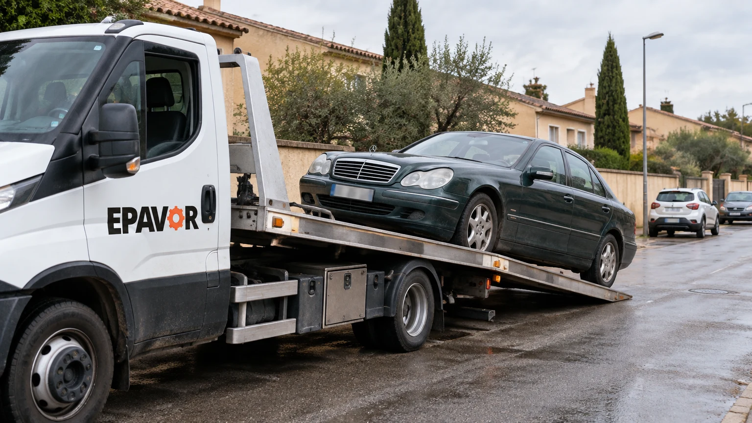 Illustration d’un enlèvement d’épave à Aubignan avec une dépanneuse — service d’épaviste.