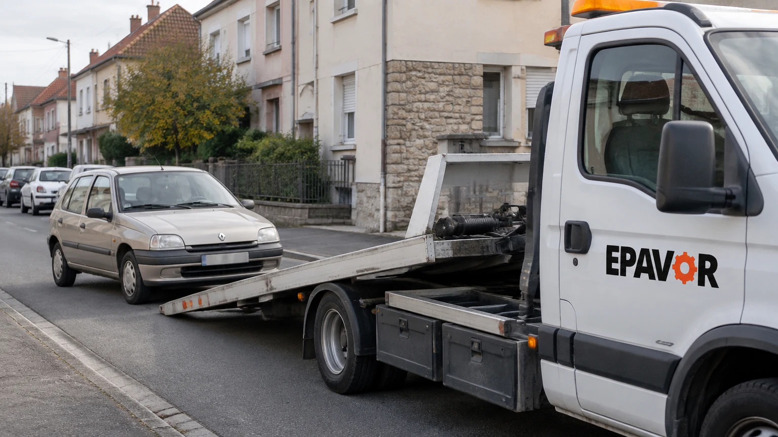 Illustration d’un enlèvement d’épave à Audincourt avec une dépanneuse — service d’épaviste.