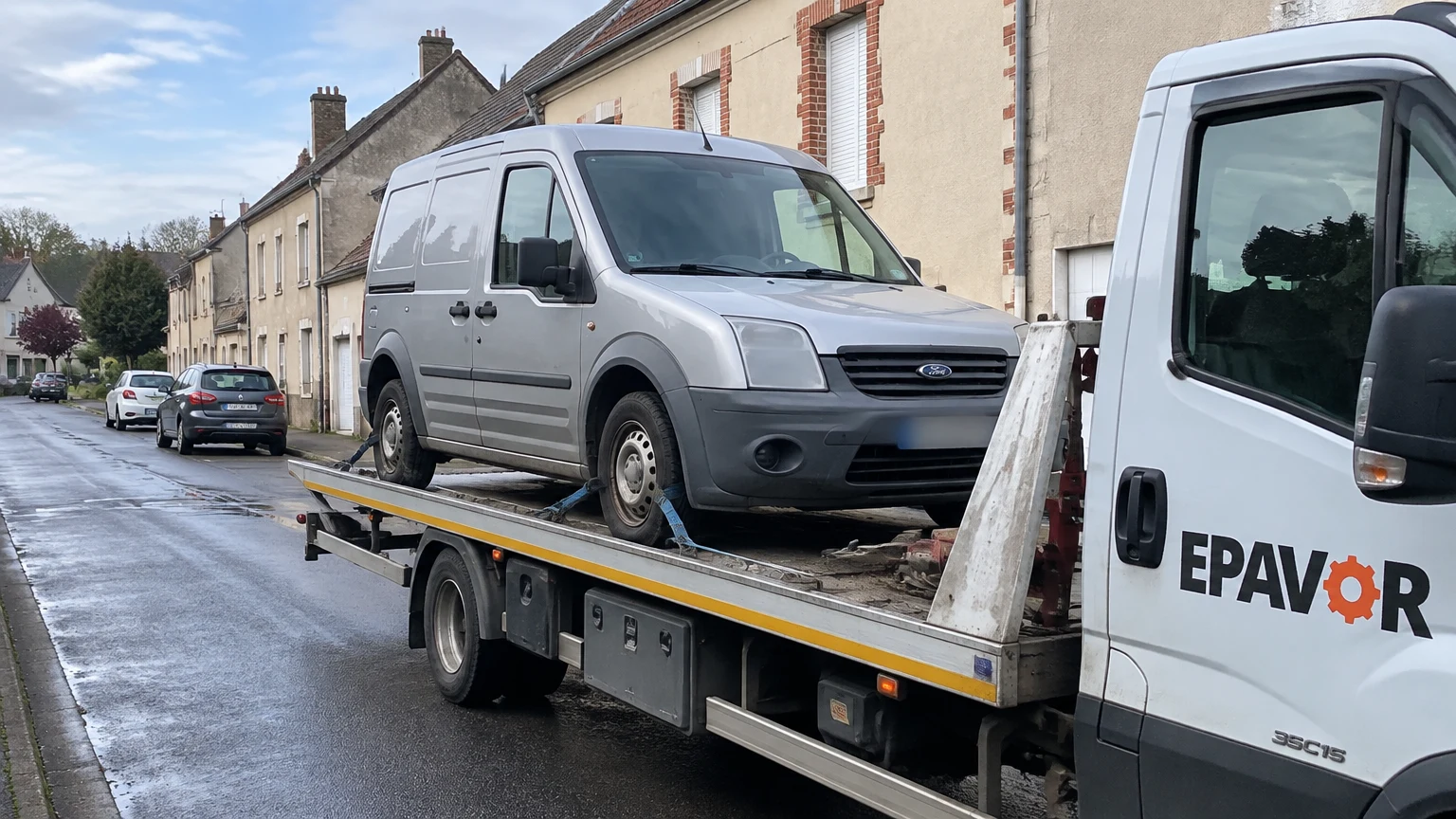 Illustration d’un enlèvement d’épave à Auneau avec une dépanneuse — service d’épaviste.
