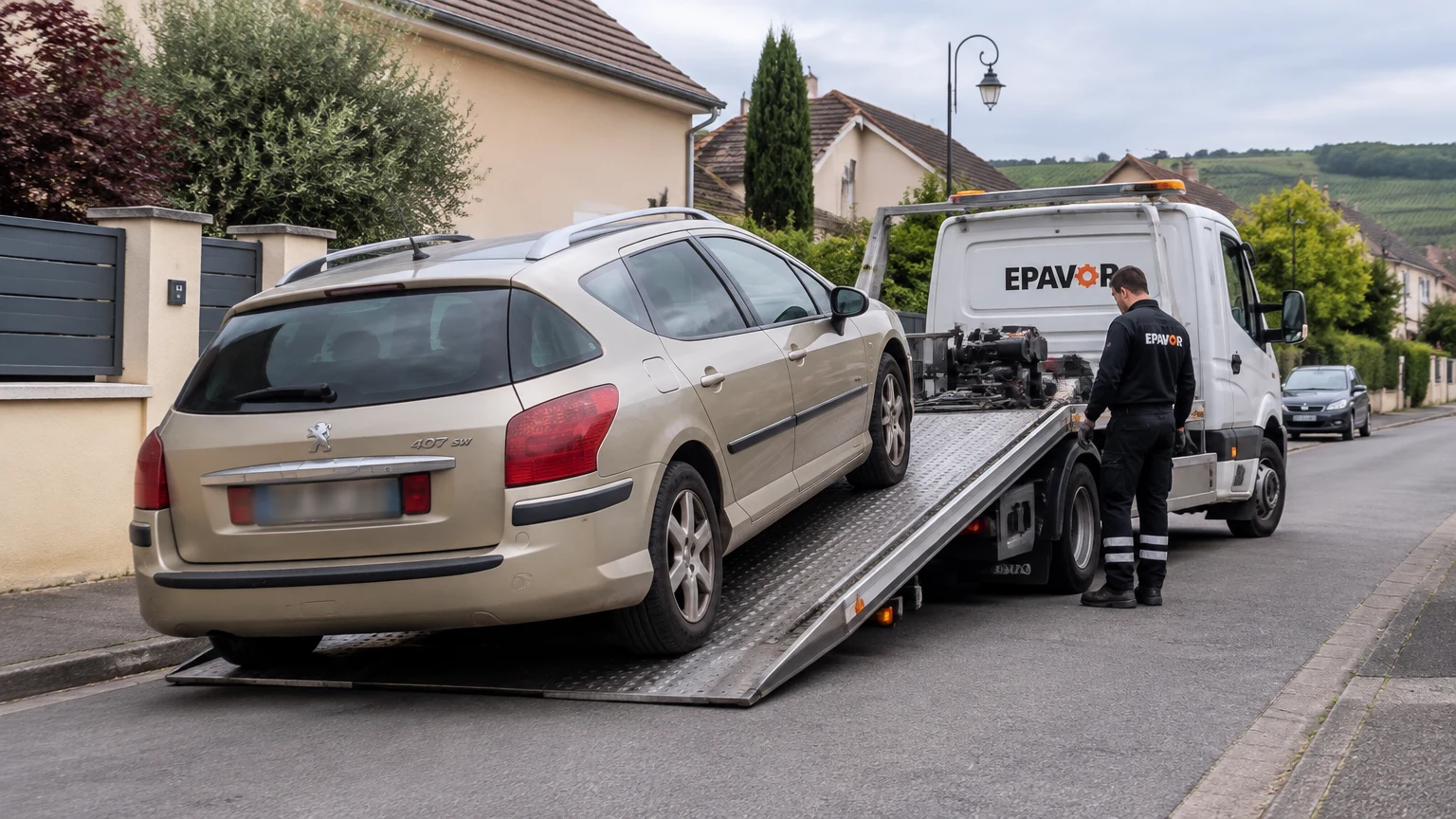 Illustration d’un enlèvement d’épave à Ay avec une dépanneuse — service d’épaviste.
