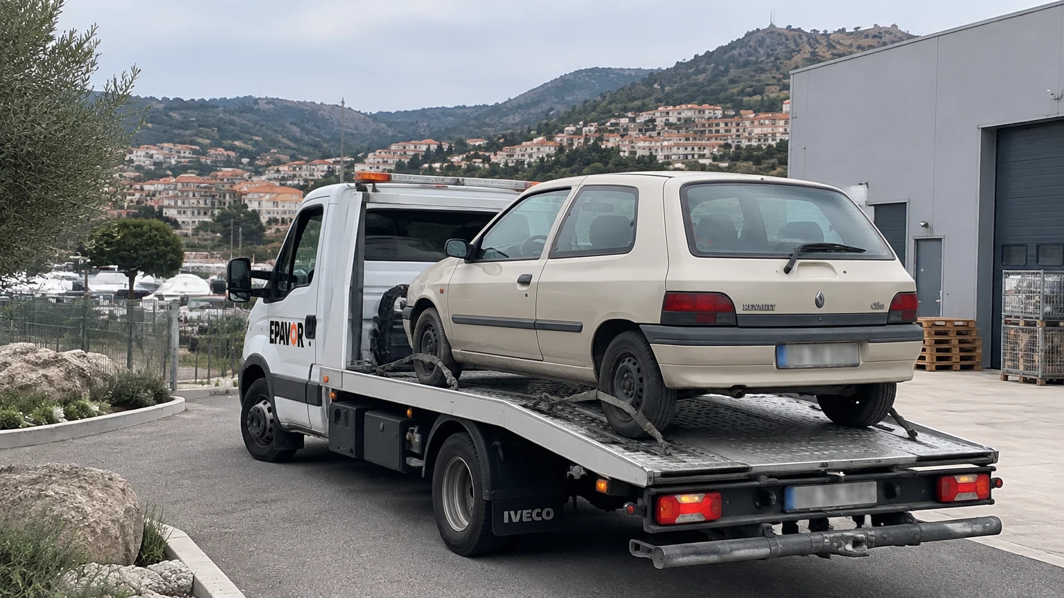 Illustration d’un enlèvement d’épave à Banyuls-sur-Mer avec une dépanneuse — service d’épaviste.