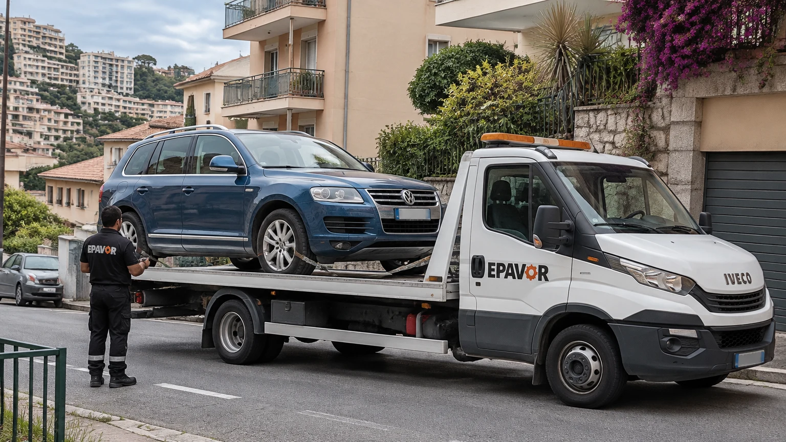 Illustration d’un enlèvement d’épave à Beausoleil avec une dépanneuse — service d’épaviste.