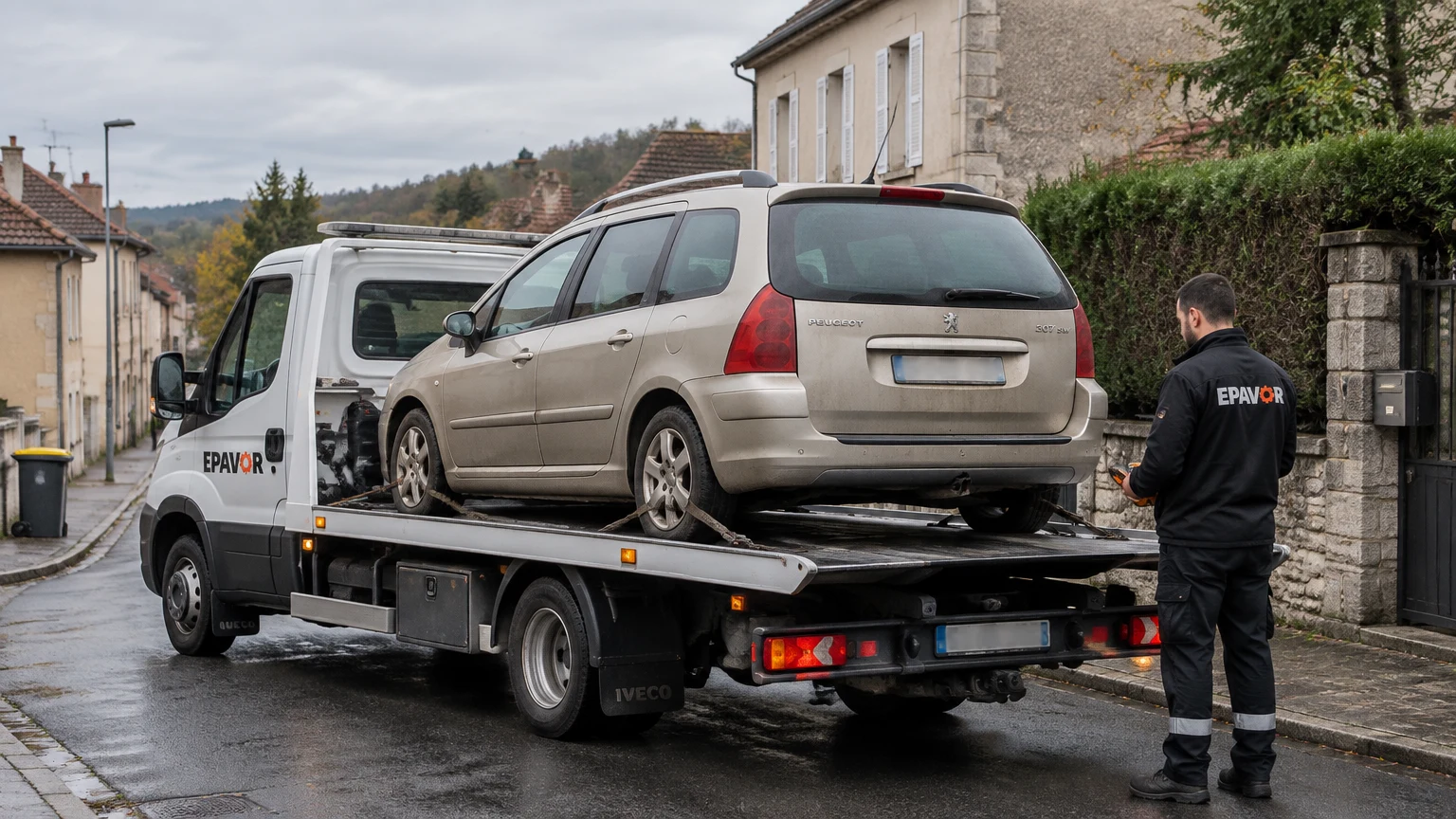 Illustration d’un enlèvement d’épave à Bellac avec une dépanneuse — service d’épaviste.