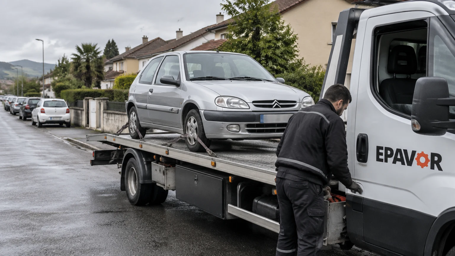 Illustration d’un enlèvement d’épave à Billère avec une dépanneuse — service d’épaviste.