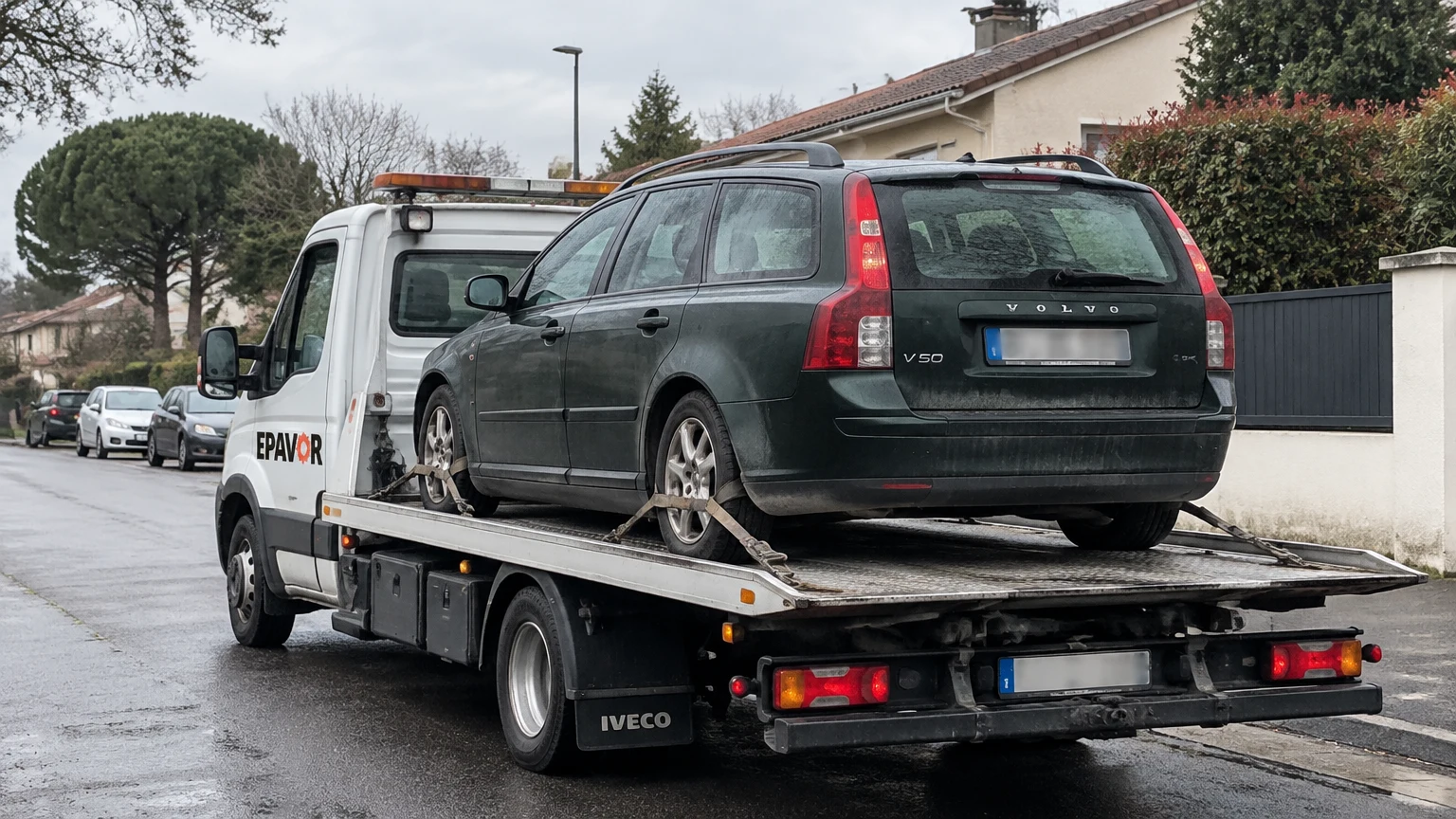 Illustration d’un enlèvement d’épave à Blanquefort avec une dépanneuse — service d’épaviste.