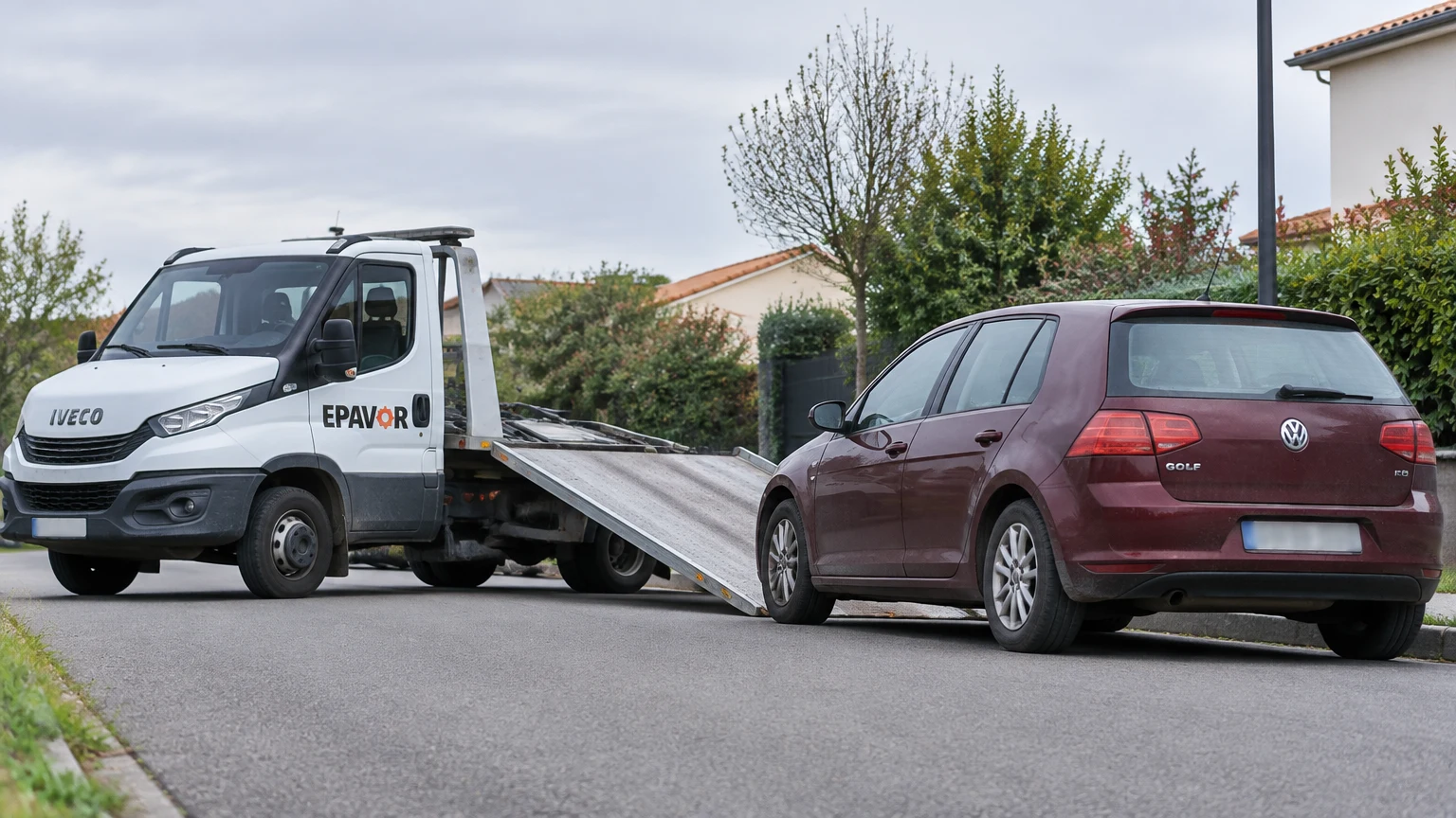 Illustration d’un enlèvement d’épave à Bouaye avec une dépanneuse — service d’épaviste.