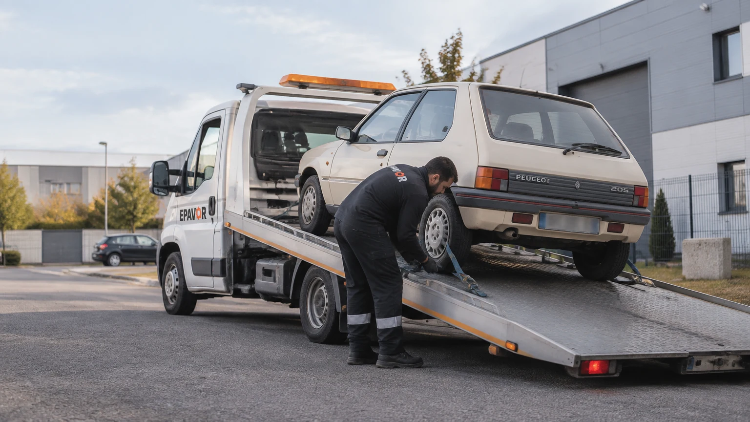 Illustration d’un enlèvement d’épave à Bousse avec une dépanneuse — service d’épaviste.