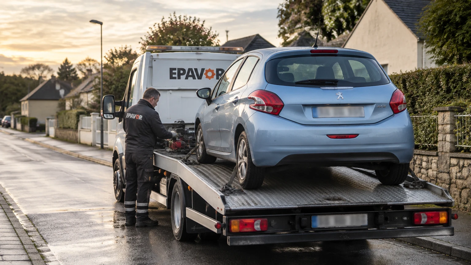 Illustration d’un enlèvement d’épave à Bouvron avec une dépanneuse — service d’épaviste.