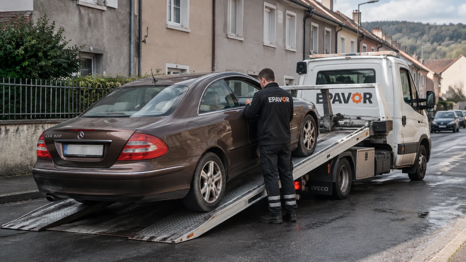 Illustration d’un enlèvement d’épave à Brassac-les-Mines avec une dépanneuse — service d’épaviste.