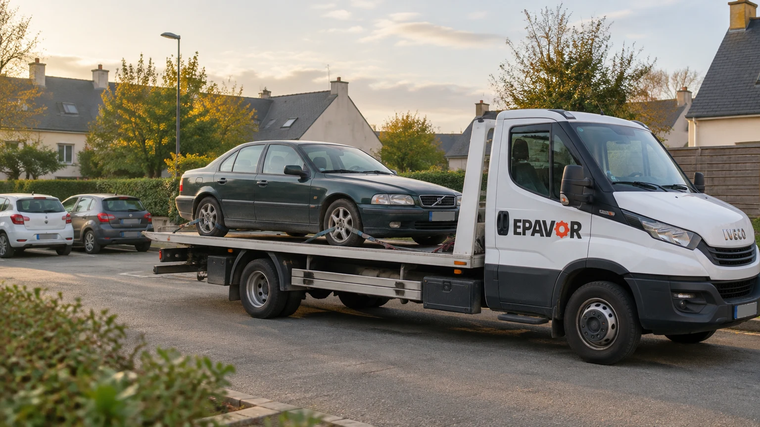 Illustration d’un enlèvement d’épave à Brech avec une dépanneuse — service d’épaviste.