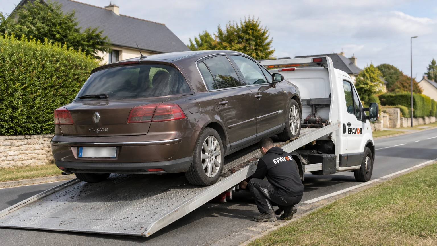 Illustration d’un enlèvement d’épave à Bréhal avec une dépanneuse — service d’épaviste.