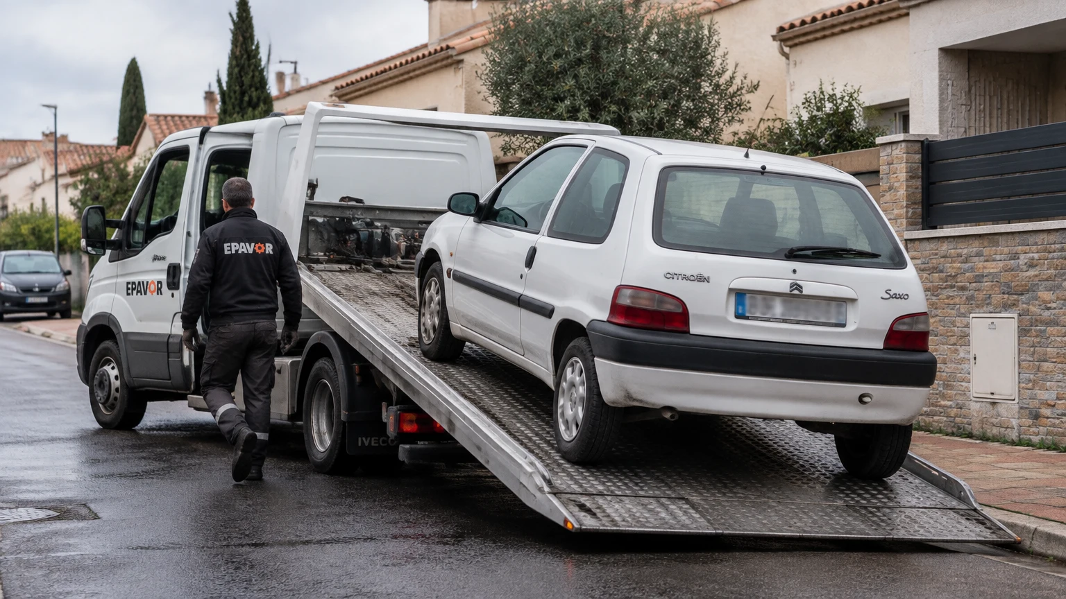 Illustration d’un enlèvement d’épave à Cabestany avec une dépanneuse — service d’épaviste.