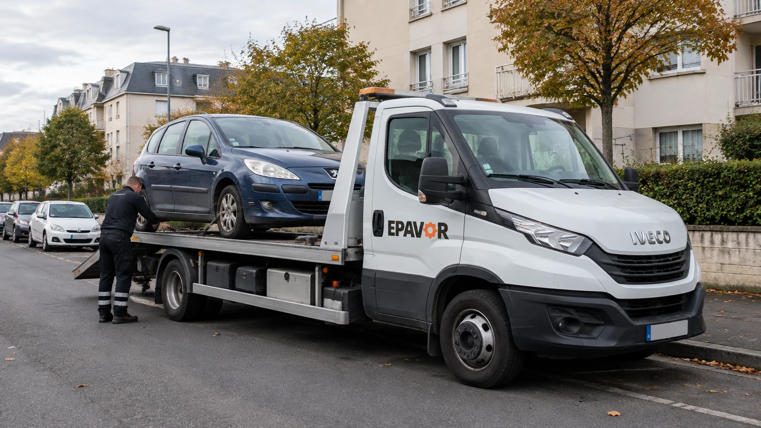 Illustration d’un enlèvement d’épave à Caen avec une dépanneuse — service d’épaviste.