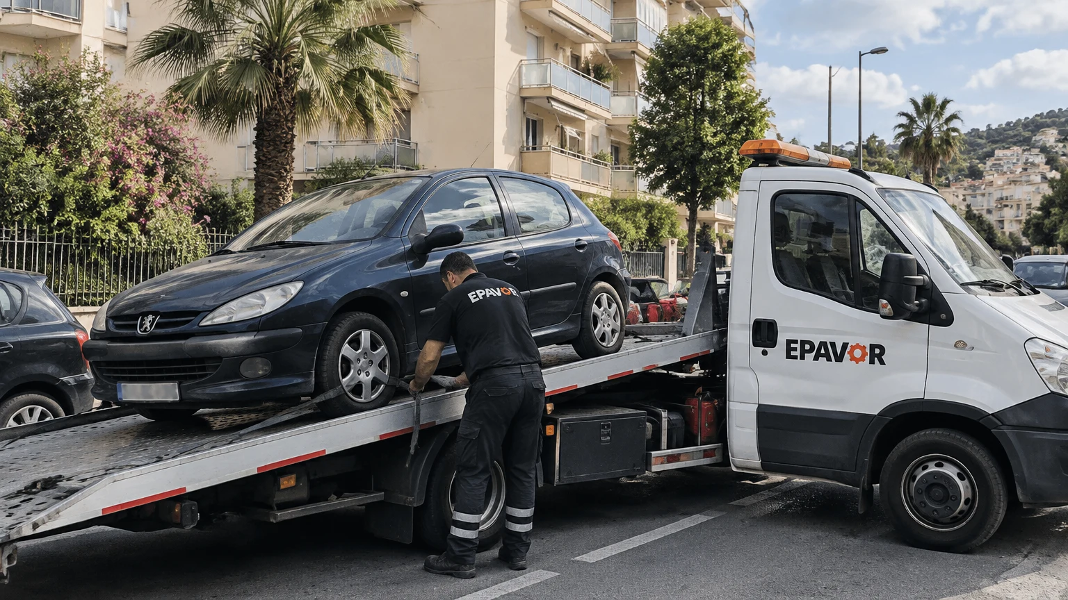 Illustration d’un enlèvement d’épave à Cagnes-sur-Mer avec une dépanneuse — service d’épaviste.