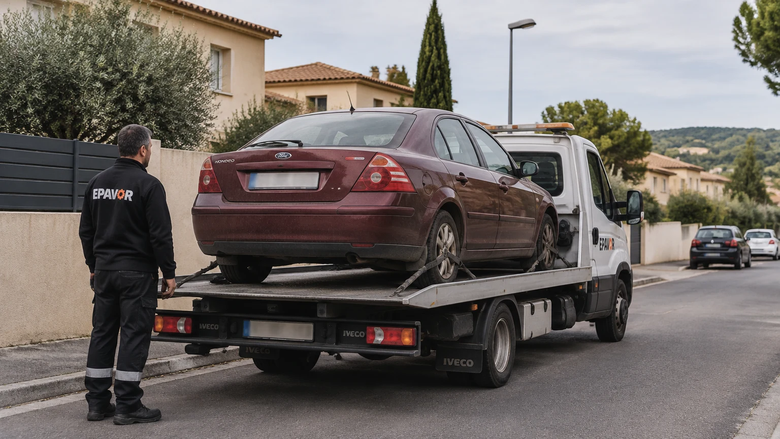 Illustration d’un enlèvement d’épave à Calvisson avec une dépanneuse — service d’épaviste.