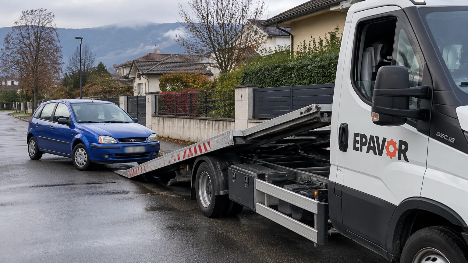 Illustration d’un enlèvement d’épave à Cessy avec une dépanneuse — service d’épaviste.