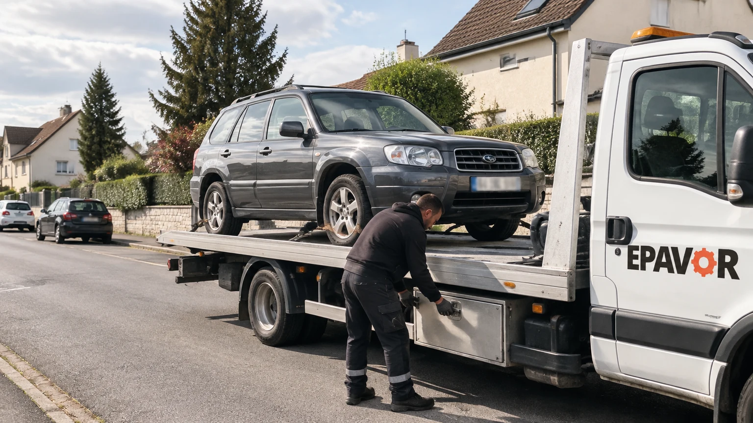Illustration d’un enlèvement d’épave à Champhol avec une dépanneuse — service d’épaviste.