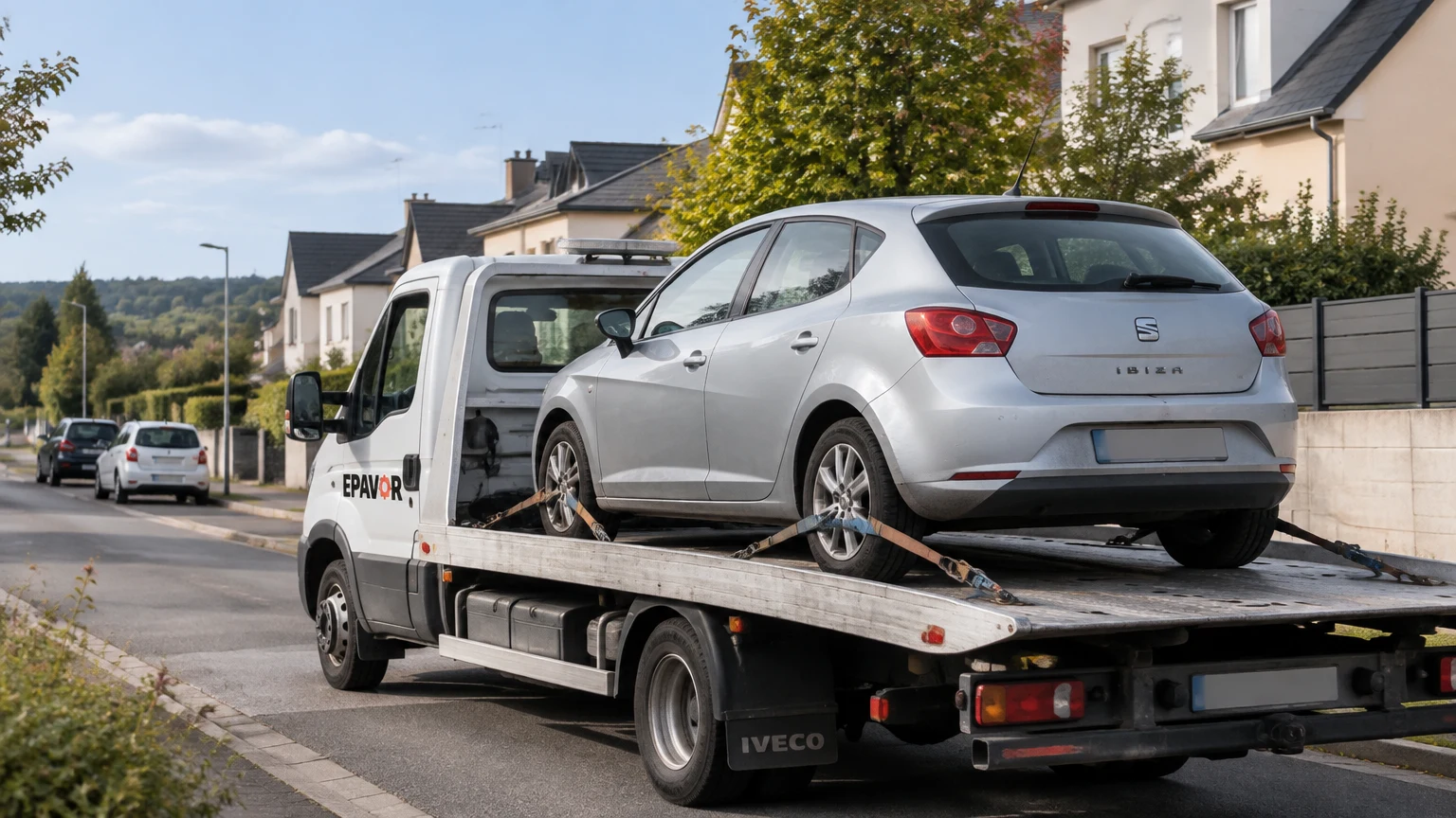 Illustration d’un enlèvement d’épave à Châteaubourg avec une dépanneuse — service d’épaviste.