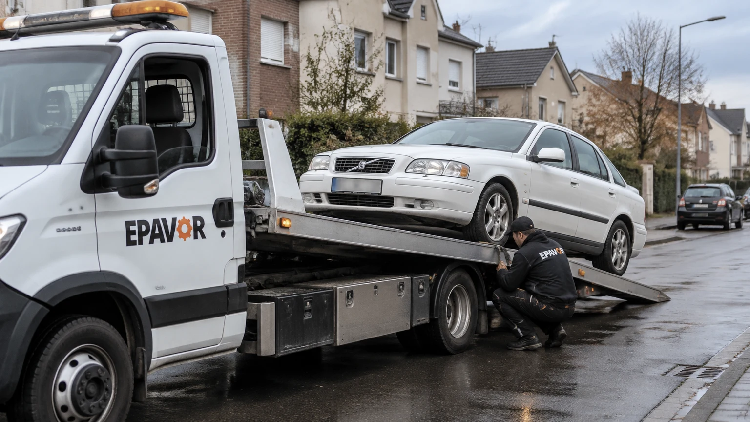 Illustration d’un enlèvement d’épave à Chauny avec une dépanneuse — service d’épaviste.