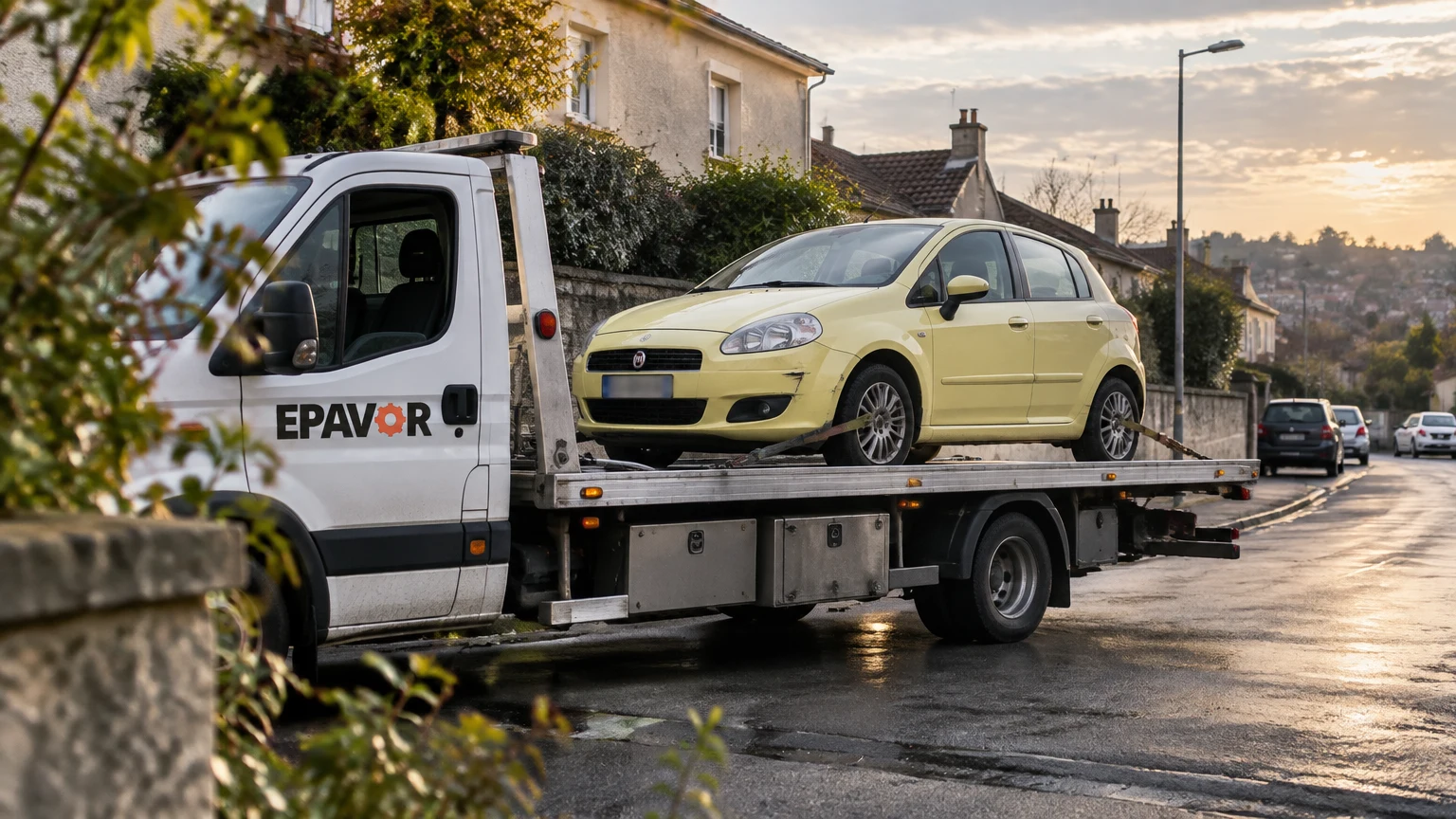 Illustration d’un enlèvement d’épave à Chauvigny avec une dépanneuse — service d’épaviste.