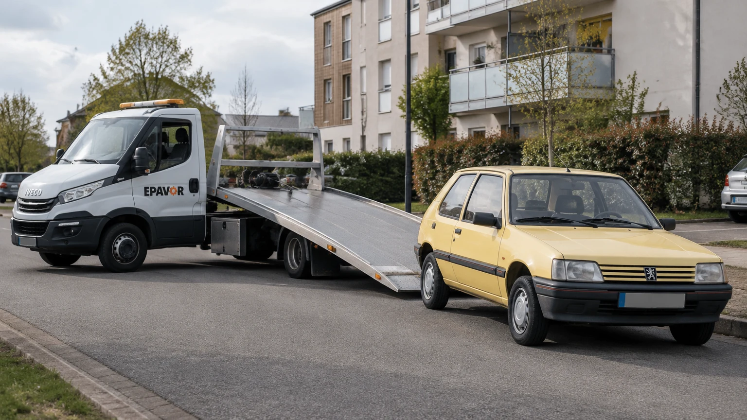 Illustration d’un enlèvement d’épave à Chavagne avec une dépanneuse — service d’épaviste.