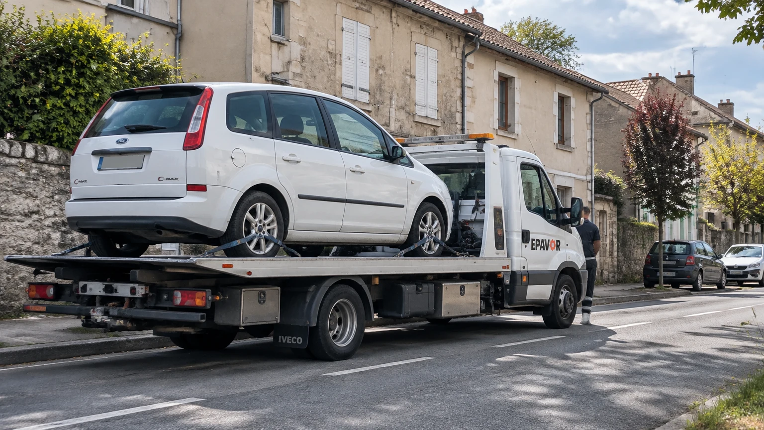 Illustration d’un enlèvement d’épave à Civray avec une dépanneuse — service d’épaviste.