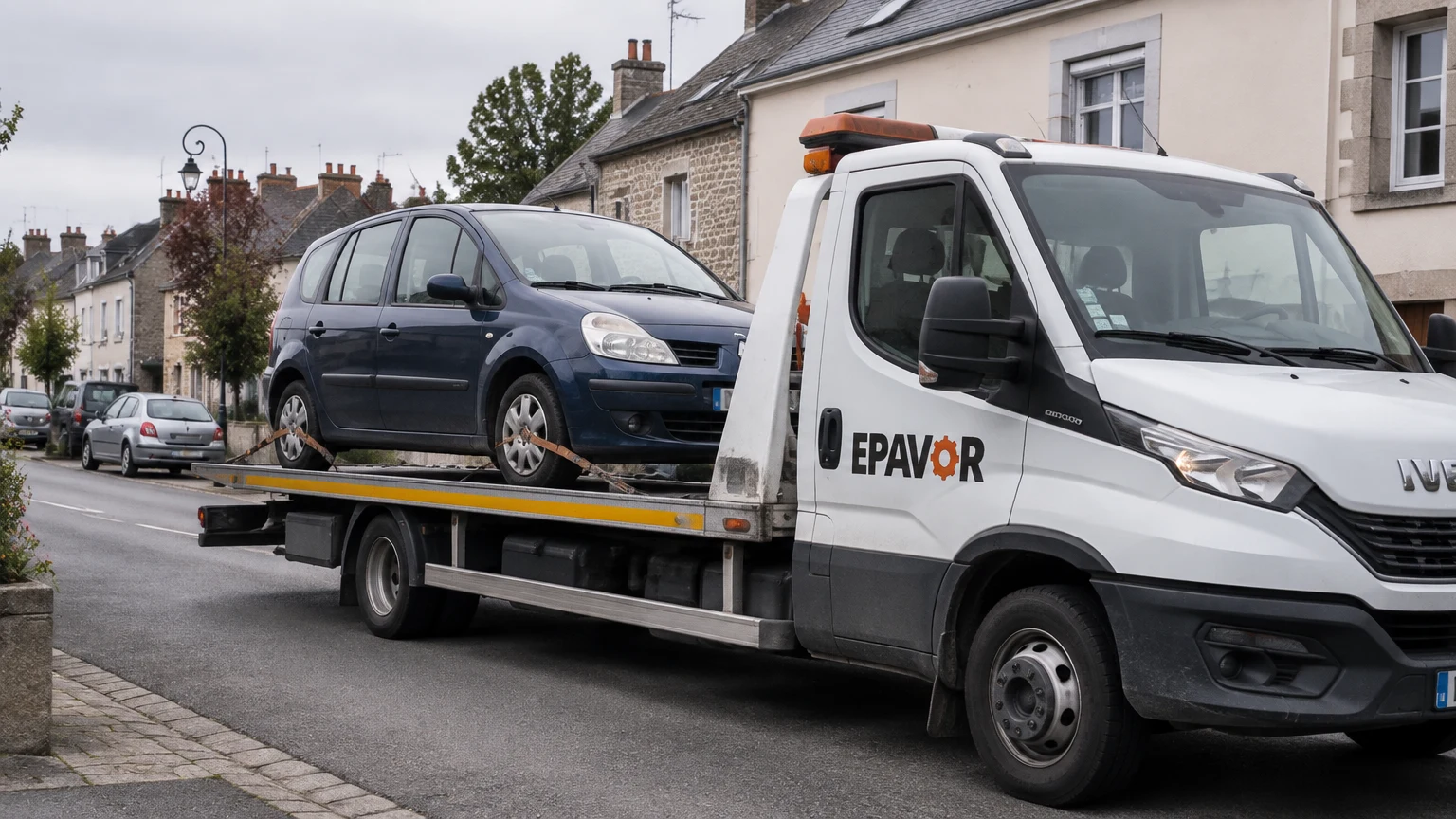 Illustration d’un enlèvement d’épave à Cléguérec avec une dépanneuse — service d’épaviste.