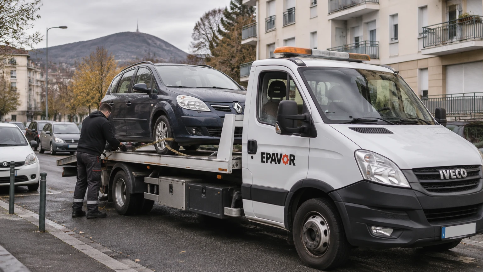 Illustration d’un enlèvement d’épave à Clermont-Ferrand avec une dépanneuse — service d’épaviste.