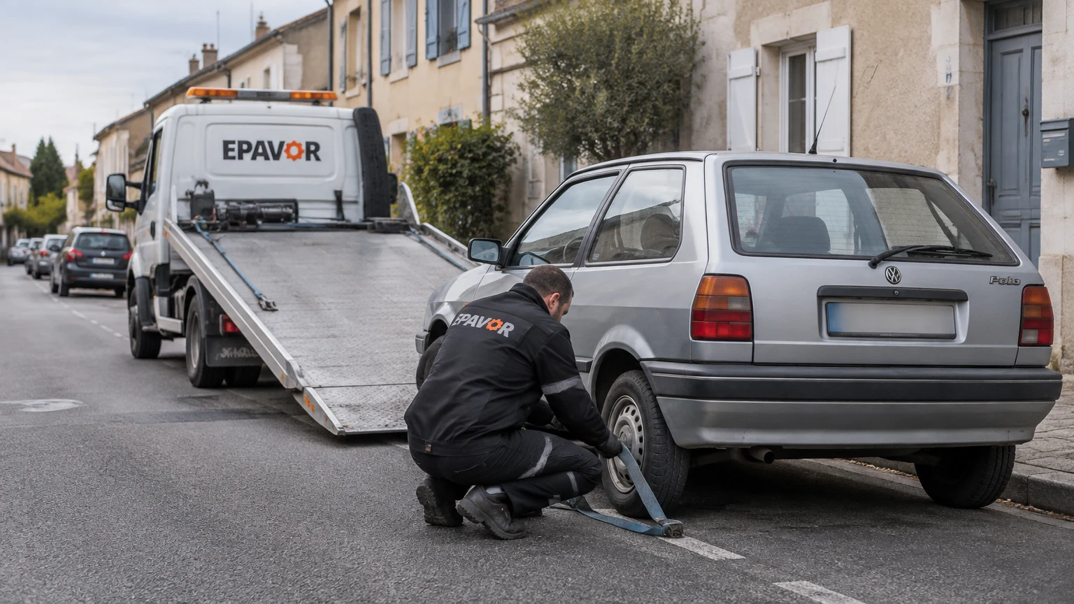 Illustration d’un enlèvement d’épave à Condom avec une dépanneuse — service d’épaviste.