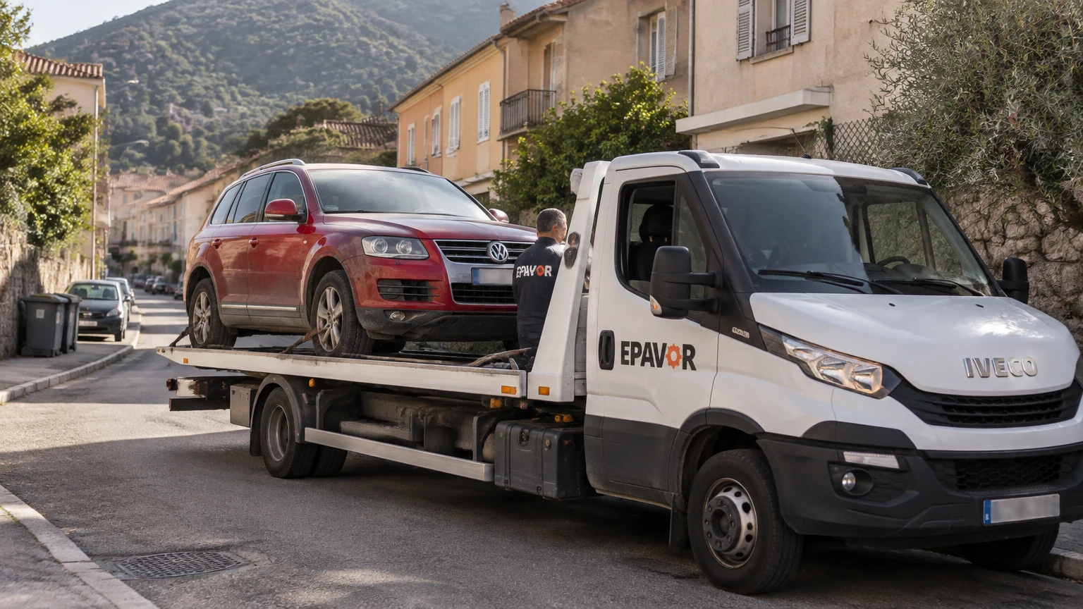 Illustration d’un enlèvement d’épave à Corte avec une dépanneuse — service d’épaviste.
