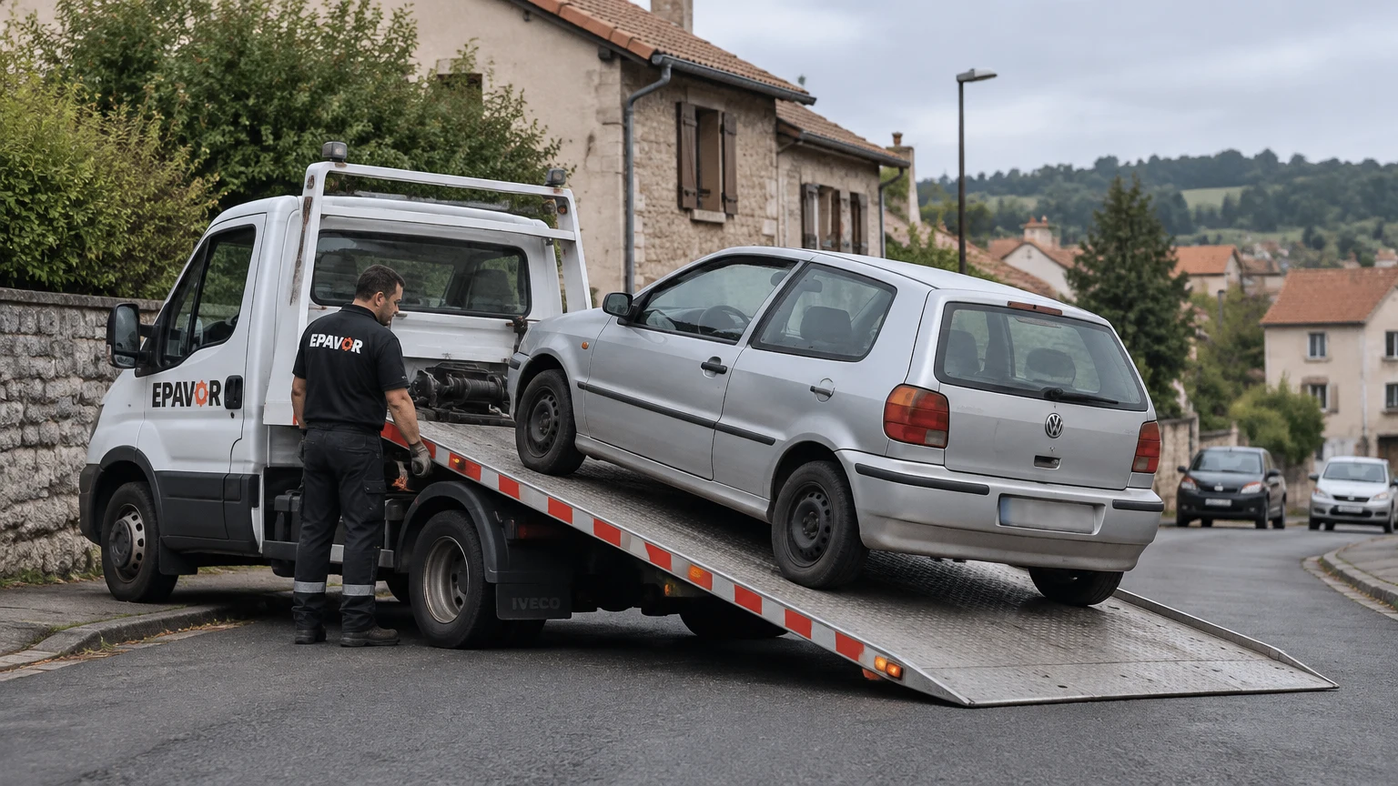 Illustration d’un enlèvement d’épave à Coubon avec une dépanneuse — service d’épaviste.