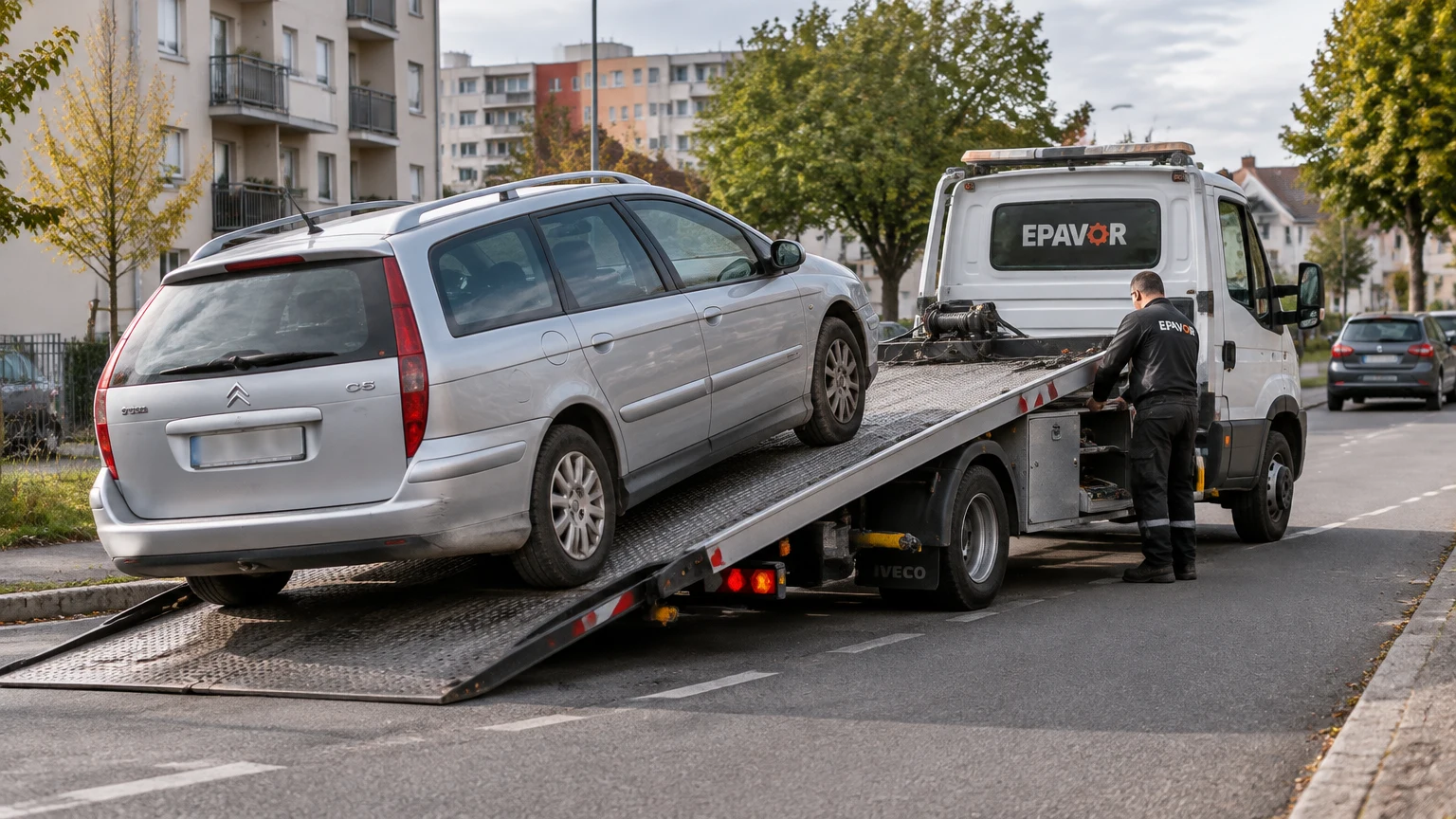 Illustration d’un enlèvement d’épave à Coulaines avec une dépanneuse — service d’épaviste.