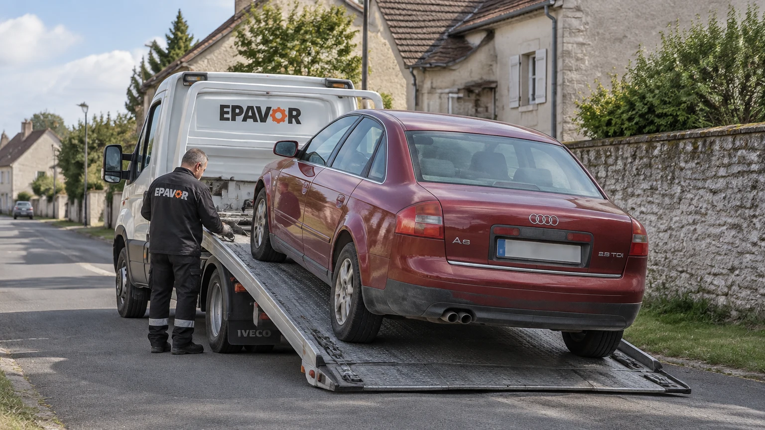 Illustration d’un enlèvement d’épave à Cour-Cheverny avec une dépanneuse — service d’épaviste.