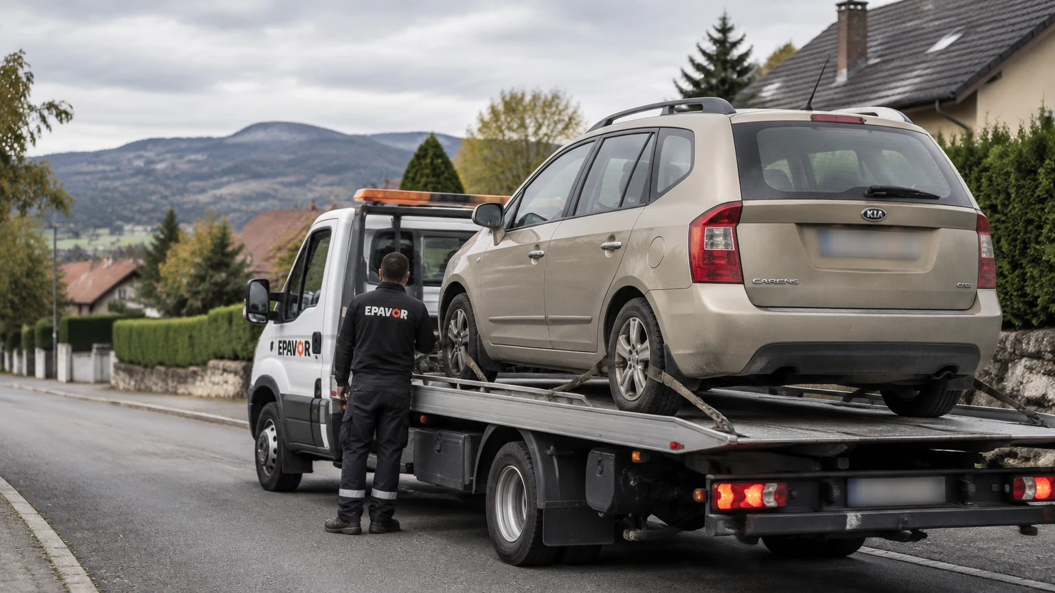 Illustration d’un enlèvement d’épave à Cruseilles avec une dépanneuse — service d’épaviste.