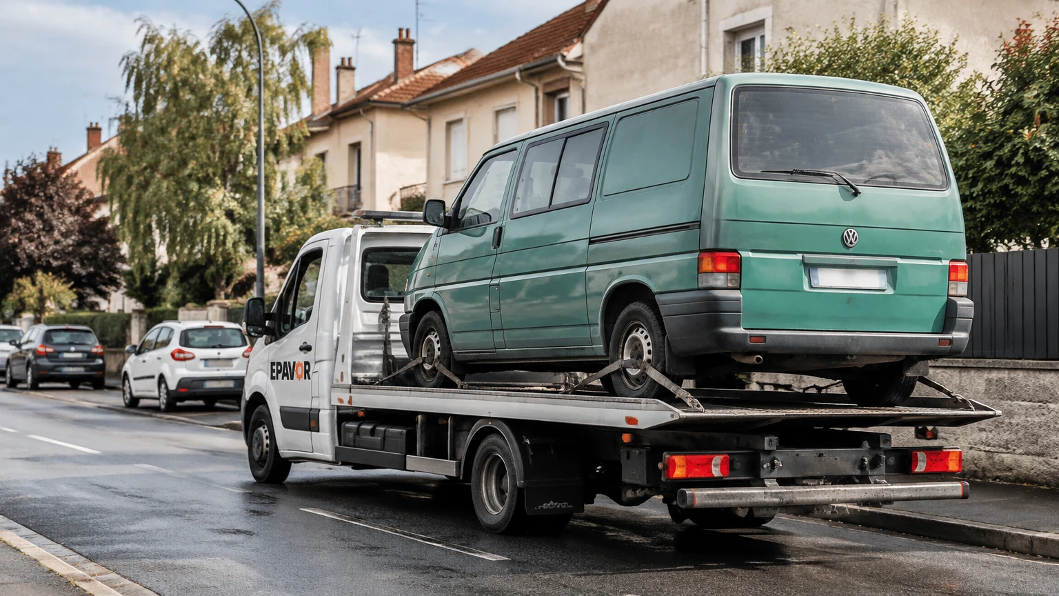 Illustration d’un enlèvement d’épave à Cusset avec une dépanneuse — service d’épaviste.