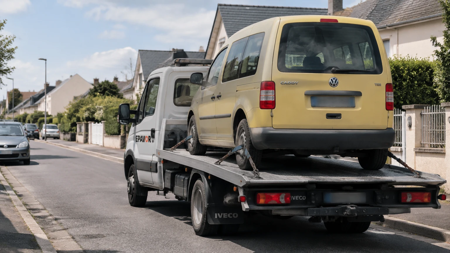 Illustration d’un enlèvement d’épave à Dives-sur-Mer avec une dépanneuse — service d’épaviste.